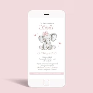 Invito Digitale Battesimo - Animaletti - Elefantina - Volpina - Bambina - Elegante - Fiocco - Rosa - Acquarello