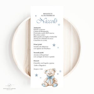 Menu Cartaceo Battesimo - Animaletti - Orsetto - Volpe - Bambino - Elegante - Fiocco - Azzurro - Acquarello