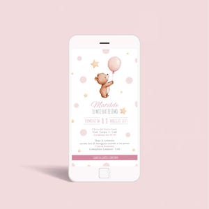 Invito Digitale Battesimo - Animaletto - Orsetto - Bambina - Elegante - Rosa - Acquarello