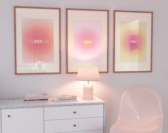 Set Of 3 Angel Numbers 111,222,333, Aura Posters, Pink Angel Number Poster, Gradient Aura, Dorm Wall Art, Gradient Print, Digital only