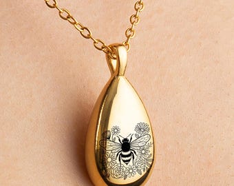 Gold Bee Vintage Urn Drop Necklace | Vintage Bee Memorial Pendant | Sympathy Gift for Bee Lovers | Gold Cremation Ash Jewelry