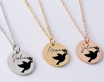 Custom Name Peace Dove Gold Necklace, Custom Dove Necklace for Gift, Custom Engrave,Personalized Memorial Jewelry, Custom Peace Bird Jewelry