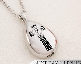 Radiant Cross Urn Drop Necklace | Faith Memorial Pendant | Christian Sympathy Gift | Cremation Ash Jewelry for Believers