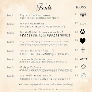 Op de afbeelding: Een productcatalogus met verschillende lettertypen en pictogrammen. De afbeelding toont acht verschillende lettertypestijlen met voorbeeldzinnen en alfabetten. Pictogrammen zijn onder meer een hart, vis, pootafdruk, kruis, pijl, ster en een driehoek.