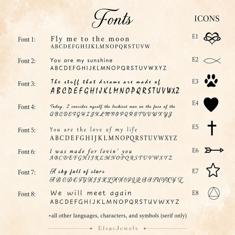 Op de afbeelding: Een productcatalogus met verschillende lettertypen en pictogrammen. De afbeelding toont acht verschillende lettertypestijlen met voorbeeldzinnen en alfabetten. Pictogrammen zijn onder meer een hart, vis, pootafdruk, kruis, pijl, ster en een driehoek.
