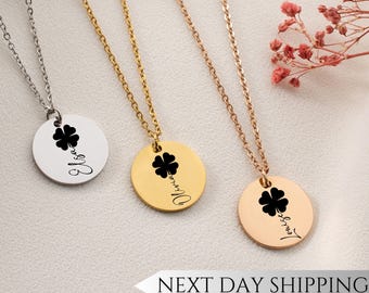 Customizable Four Leaf Clover Engraved Charm Pendant Necklace, Lucky Clover Necklace for Gift, Custom 4-Leaf Clover,Custom Memorial Jewelry