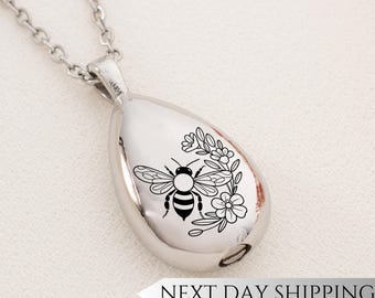 Bee Botanical Urn Drop Necklace | Botanical Flower Memorial Pendant | Sympathy Gift for Bee and Flower Lovers | Cremation Jewelry