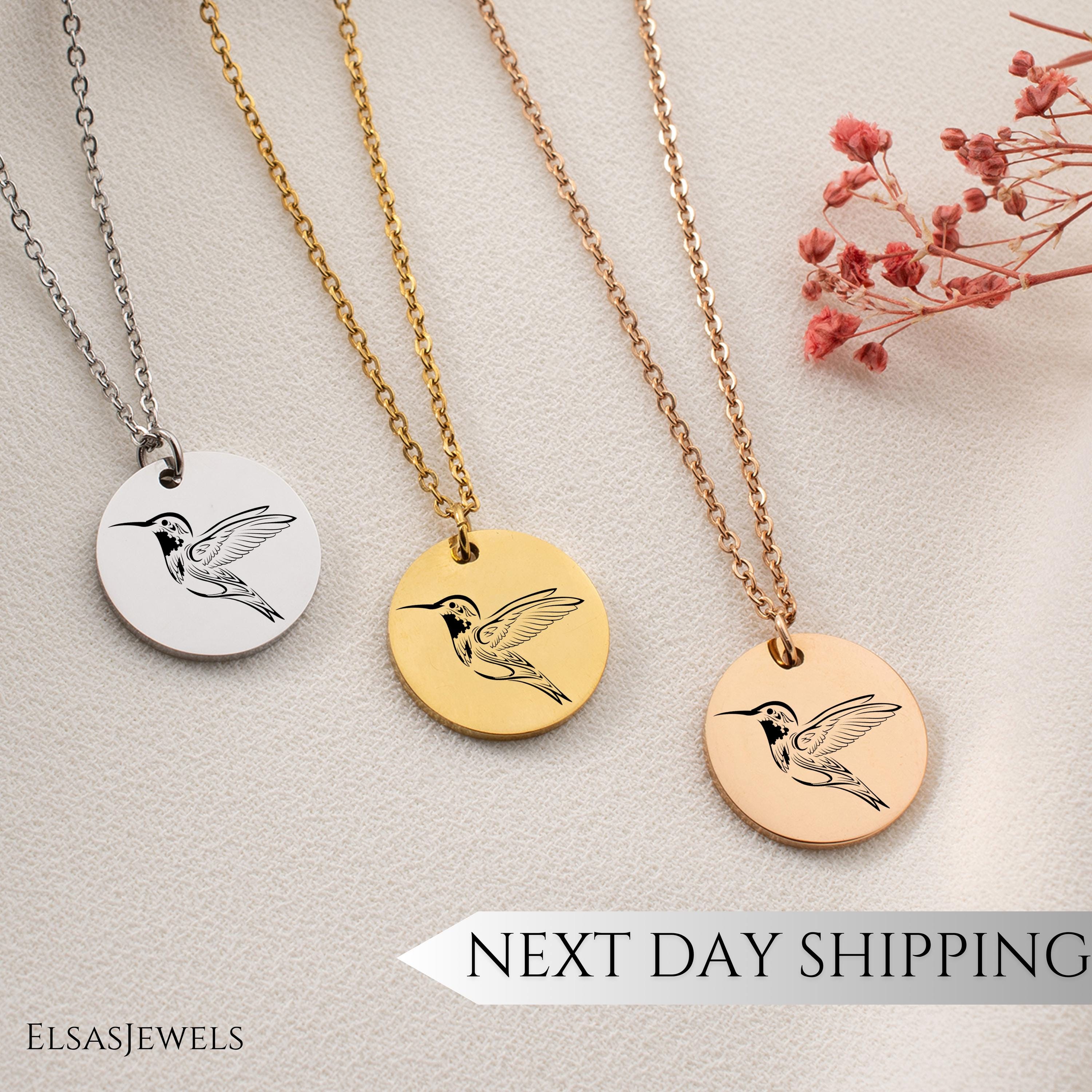 Elegant Hummingbird Engraved Charm Pendant Necklace, Hummingbird Necklace for Gift, Custom Hummingbird Engrave,Personalized Memorial Jewelry