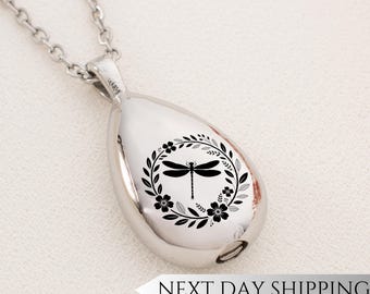 Dragonfly Wreath Urn Drop Necklace | Wreath Circle Memorial Pendant | Sympathy Gift for Dragonfly Lovers | Cremation Jewelry