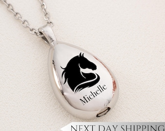 Custom Horse Lover Teardrop Cremation Necklace, Personalized Memorial Keepsake Jewelry for Ashes, Horse Silhouette Pendant, Engraved Gift