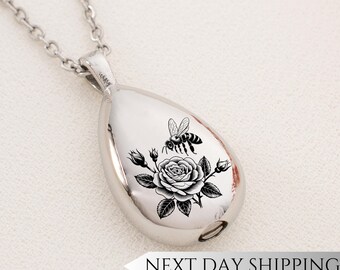 Rose Bee Urn Drop Necklace | Floral Bee Memorial Pendant | Sympathy Gift for Bee and Flower Lovers | Cremation Jewelry