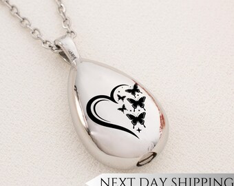 Butterfly Hearts Urn Drop Necklace | Butterfly Heart Memorial Pendant | Sympathy Gift for Butterfly Lovers | Cremation Jewelry