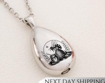 Bee Moon Floral Urn Drop Necklace | Moon and Bee Memorial Pendant | Sympathy Gift for Bee and Nature Lovers | Cremation Jewelry