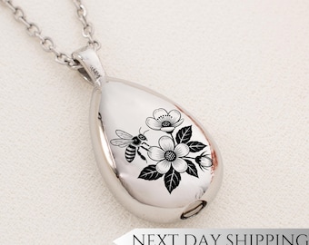 Bee Single Flower Urn Drop Necklace | Flower Bee Memorial Pendant | Sympathy Gift for Bee and Flower Lovers | Cremation Jewelry