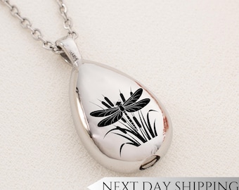 Dragonfly Reeds Urn Drop Necklace | Nature Memorial Pendant | Sympathy Gift for Dragonfly Lovers | Cremation Ash Jewelry