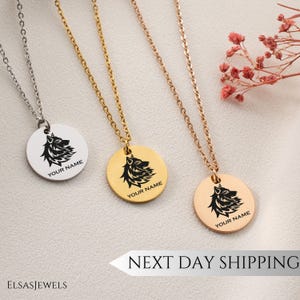Personalized Wolf Charm Necklace, Engraved Animal Pendant, Custom Name Necklace, Stainless Steel Jewelry, Gift for Her, Nature Lover Gift
