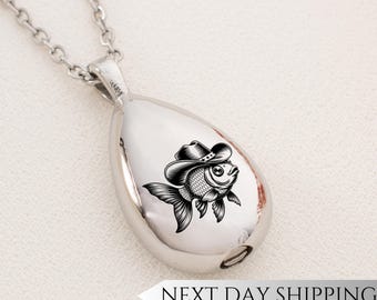 Cowboy Fish Urn Drop Necklace | Funny Fishing Memorial Pendant | Sympathy Gift for Fishermen | Cremation Ash Jewelry
