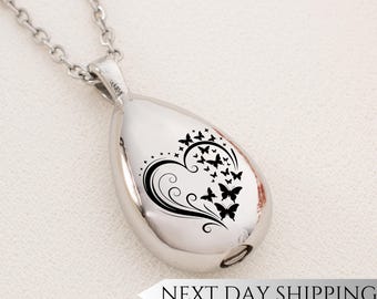 Butterfly Crown Heart Urn Drop Necklace | Crown Heart Memorial Pendant | Sympathy Gift for Butterfly Lovers | Cremation Jewelry