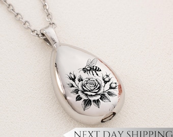 Bee and Rose Urn Drop Necklace | Floral Bee Memorial Pendant | Sympathy Gift for Bee and Rose Lovers | Cremation Jewelry