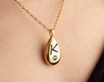 Custom Pet Name Urn, Personalized Cremation Urn Necklace, Loss of Dog Cat Memorial Gift, Teardrop Sympathy Gift, Pet Initial Pawn Necklace