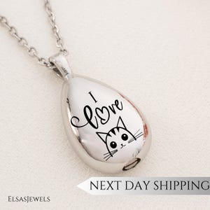 Personalized I Love Cat Urn Necklace,Cat Engraved Pendant,Pet Memorial Ashes Keepsake, Custom Cremation Jewelry,Sympathy Gift for Cat Lovers