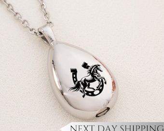 Rearing Horse Urn Drop Necklace | Horseshoe Memorial Pendant | Sympathy Gift for Horse and Equestrian Lovers | Cremation Jewelry