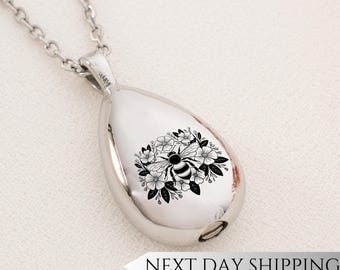 Bee Skull Floral Urn Drop Necklace | Gothic Bee Memorial Pendant | Unique Sympathy Gift | Cremation Ash Jewelry