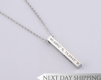 Personalized Coordinates Prism Necklace Engraved Necklace, Engraving on 4 Sides, Name or Text Option, Minimalist Coordinates Prism Necklace
