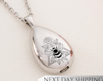 Rose Bee Triangle Urn Drop Necklace | Geometric Floral Memorial Pendant | Sympathy Gift for Bee and Rose Lovers | Cremation Jewelry