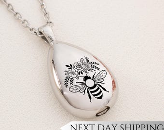 Bee Ornate Floral Urn Drop Necklace | Ornate Flower Memorial Pendant | Sympathy Gift for Bee and Flower Lovers | Cremation Jewelry