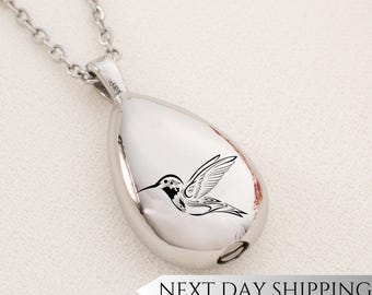 Elegant Hummingbird Urn Necklace, Hummingbird Drop Urn Necklace for Ashes, Custom Engraved Ashes, Gifts Of Hummingbird Jewelry
