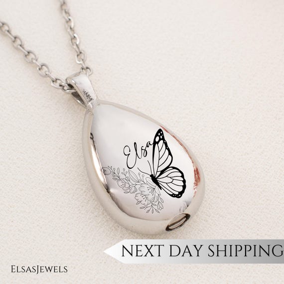 Personalized Butterfly Urn Necklace For Ashes, Engraved Memorial Jewelry, Teardrop Cremation Pendant, Keepsake Gift For Loss Of Loved One