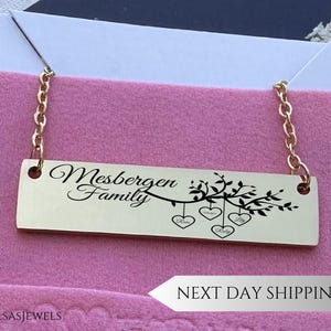 Collar con barra de árbol genealógico personalizado, colgante con diseño de corazón grabado, joyería con nombre de familia personalizado, regalo para madre o abuela