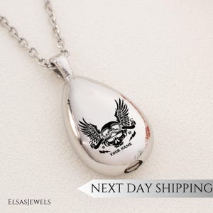Winged Skull Urn Necklace for Ashes Men, Biker Memorial Jewelry, Stainless Steel Cremation Pendant, Custom Keepsake Necklace Gift for Him