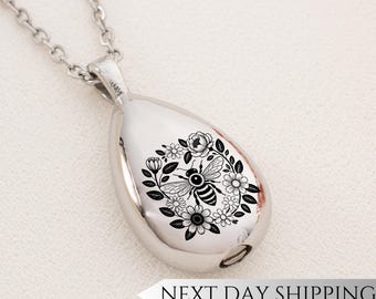 Bee Floral Wreath Urn Drop Necklace | Dark Floral Memorial Pendant | Sympathy Gift for Bee Lovers | Cremation Jewelry