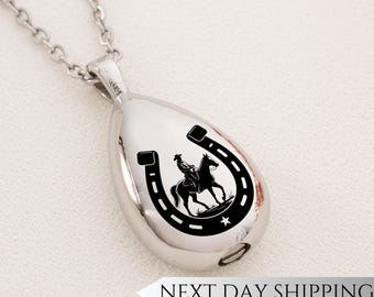 Western Rider Urn Drop Necklace | Horseshoe Cowboy Memorial Pendant | Sympathy Gift for Horse Lovers | Cremation Jewelry