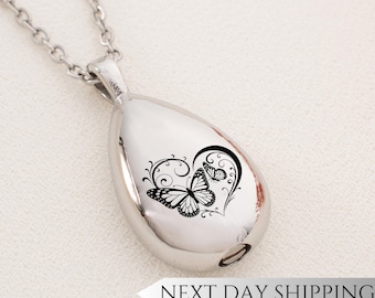 Swirl Butterfly Heart Urn Drop Necklace | Heart Swirl Memorial Pendant | Sympathy Gift for Butterfly Lovers | Cremation Jewelry