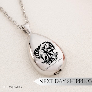 Freedom Isn’t Free Teardrop Pendant Necklace with Eagle Cross Soldier Silhouette, Memorial Veterans Gift, Stainless Steel Jewelry