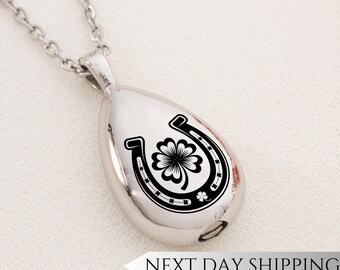 Lucky Horseshoe Clover Urn Drop Necklace | Clover Memorial Pendant | Sympathy Gift for Horse and Luck Lovers | Cremation Jewelry