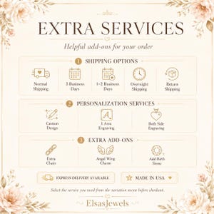 Op de afbeelding: Een beige afbeelding met tekst die extra services voor sieradenbestellingen beschrijft. Opties zijn verzending, personalisatie en extra add-ons zoals kettingen en bedels. De tekst "ElsasJewels" staat onderaan, met bloemaccenten.