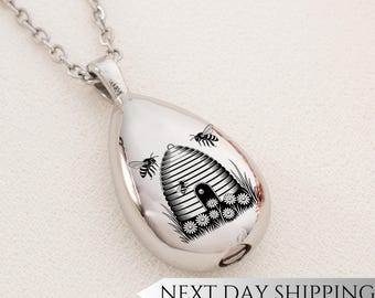 Beehive Floral Urn Drop Necklace | Beehive Memorial Pendant | Sympathy Gift for Bee and Nature Lovers | Cremation Jewelry