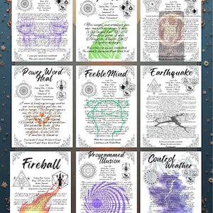 May include: Nine fantasy spell cards with ornate borders. Each card features a unique title, such as "Dominate Monster" and "Power Word Kill," along with descriptive text and symbols. The cards have a vintage aesthetic.