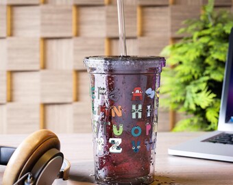 アルファベットロアカップ（ストロー付き）、アルファベットロアアクリルタンブラー、ABC文字カップ、子供の誕生日プレゼント、アルファベットロアグッズ、透明16オンスカップ