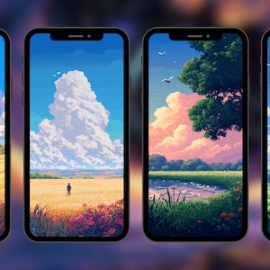 May include: Four smartphone screens displaying digital landscape art. Each features a different scene: a wheat field under a blue sky with puffy clouds, a lone figure in a field, a pond with trees, and a green field with clouds.
