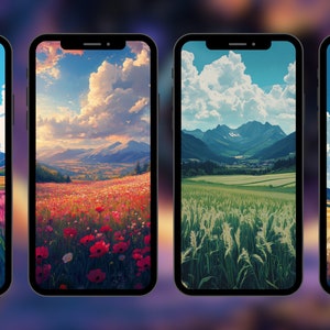 Puede incluir: Cuatro fondos de pantalla de teléfono diferentes que presentan paisajes escénicos con montañas, campos y cielos azules. El primer fondo de pantalla muestra un campo de flores rosas, el segundo muestra un campo de amapolas rojas, el tercero muestra un campo de trigo verde y el cuarto muestra un campo de trigo dorado.