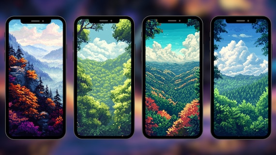 ピクセルアートの森のスマホ壁紙：8枚パック（デジタル