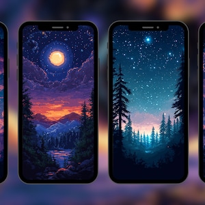 Pixel Art Night Sky Phone Wallpaper: 8-Pack (Digital Download)