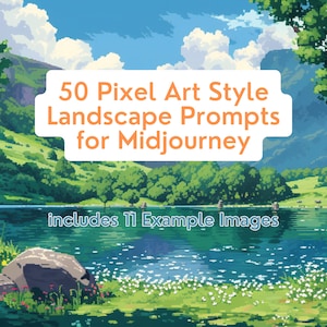 Puede incluir: Una ilustración digital de un paisaje de estilo pixel art con un lago, montañas y árboles. El texto "50 Pixel Art Style Landscape Prompts for Midjourney" está en el centro de la imagen. El texto "includes 11 Example Images" está debajo del texto principal.