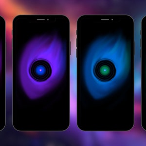 May include: Four smartphone mockups with different colored backgrounds. Each background has a dark circle in the center with a smaller circle of a different color inside. The colors are purple, blue, blue, and green.
