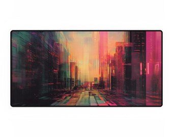 Glitch Art Desk Mat: Large Abstract Cityscape Mousepad
